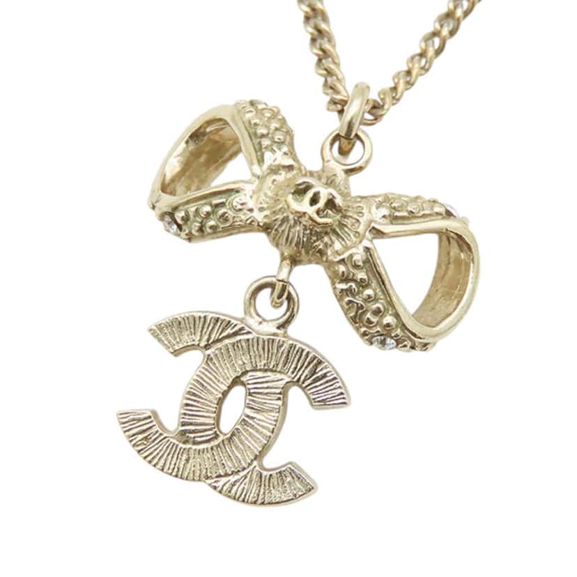 Chanel Gold Plated CC Bow Crystal Pendant Necklace Gold Metal Good condition - Inside View
