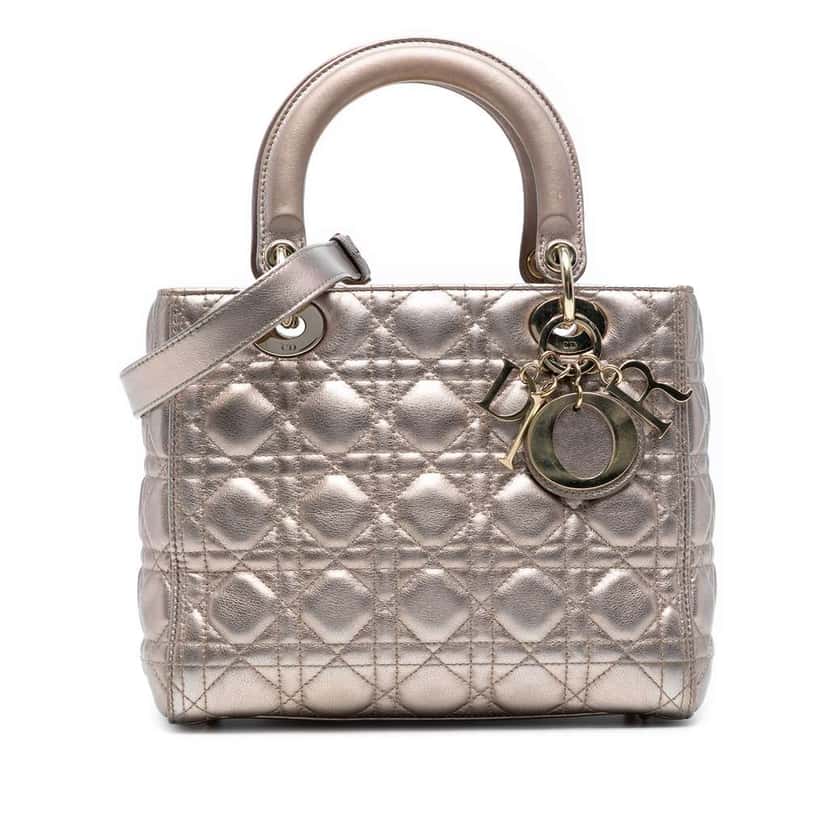 Dior Medium Metallic Lambskin Cannage Lady Dior Gold Leather Very good condition - Front View