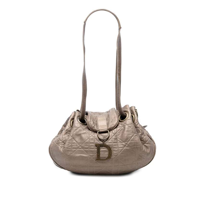 Dior Lambskin Cannage Drawstring Hobo Brown Leather Good condition - Front View