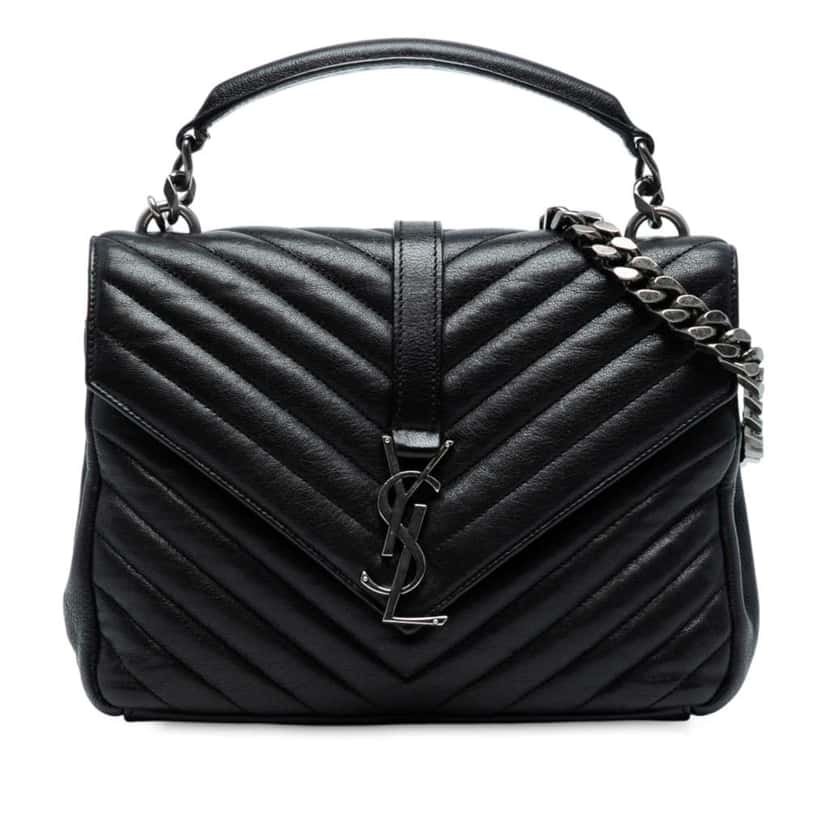 Saint Laurent Medium Quilted Chevron Sheepskin College Satchel Black Leather Good condition - Front View
