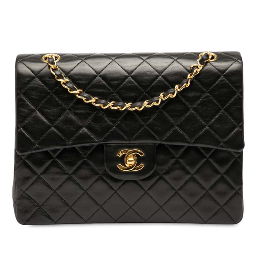 Chanel Medium Tall Classic Lambskin Double Flap Black Leather Good condition - Front View