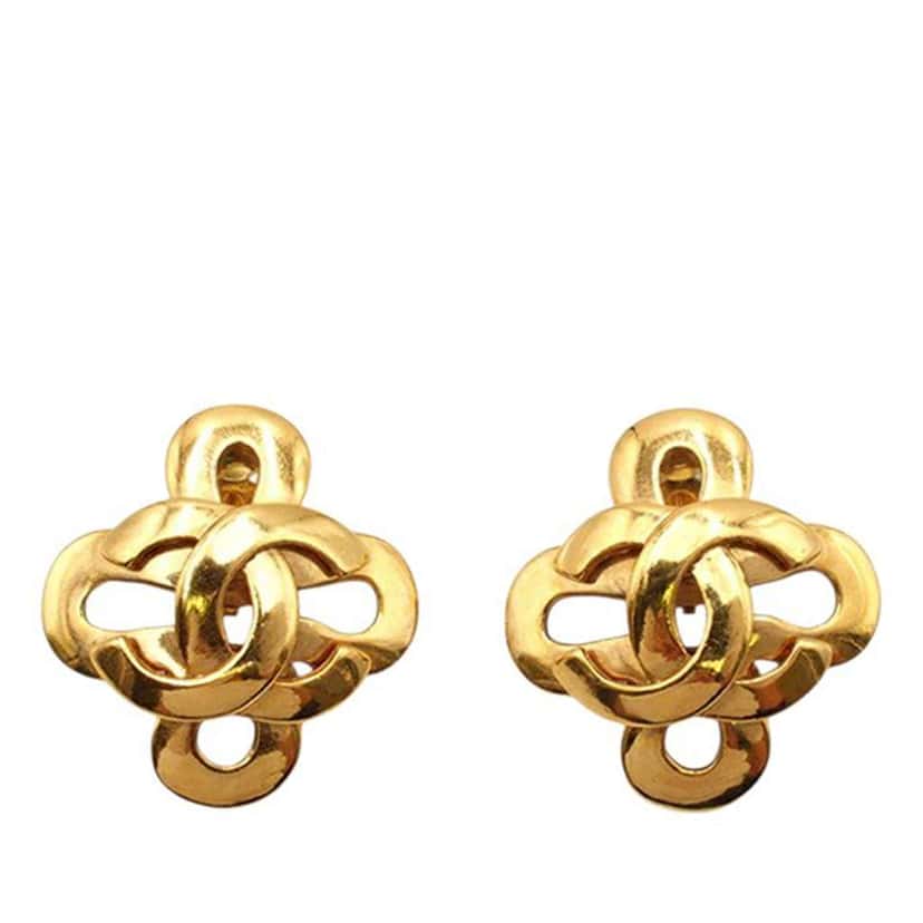 Chanel Gold Plated CC Clover Clip On Earrings Gold Metal Good condition - Front View