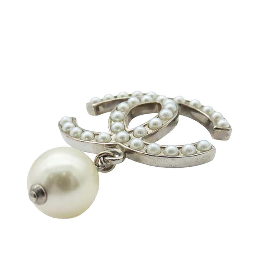 Chanel Silver Plated CC Faux Pearl Brooch Silver Metal Good condition - Front View