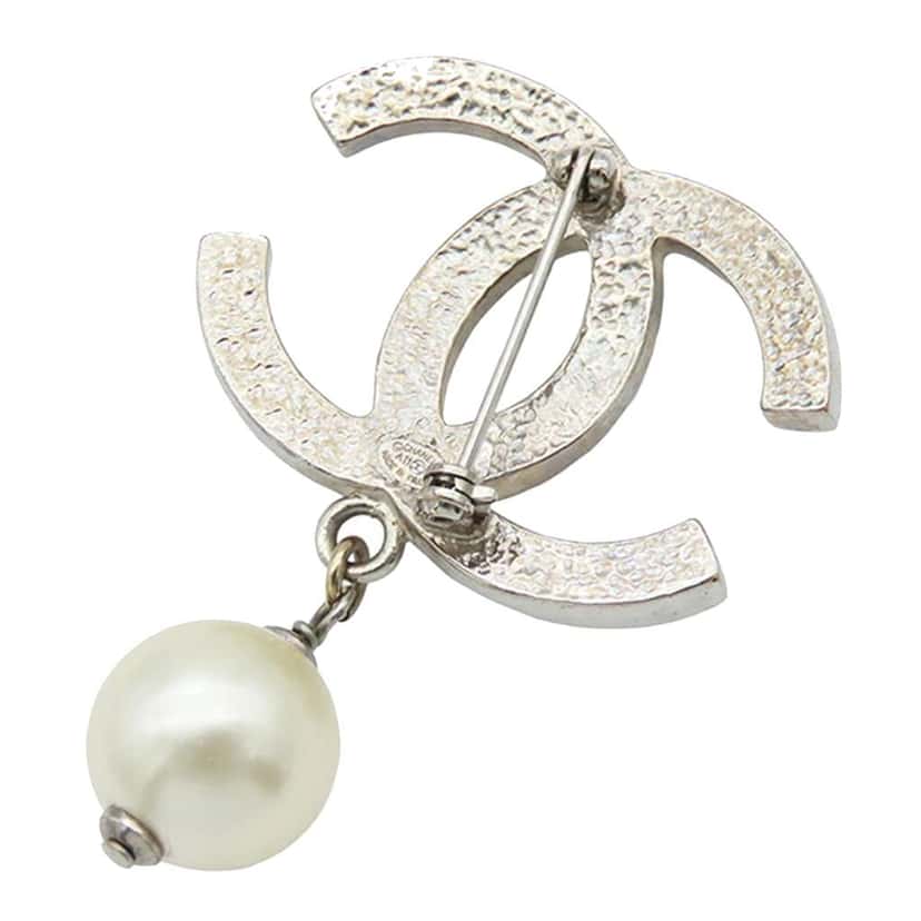 Chanel Silver Plated CC Faux Pearl Brooch Silver Metal Good condition - Back View