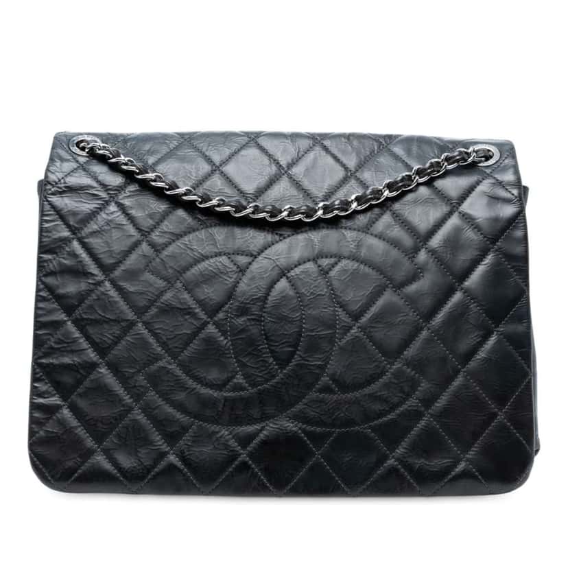 Chanel XL CC Glazed Quilted Calfskin Single Flap Black Leather Good condition - Front View