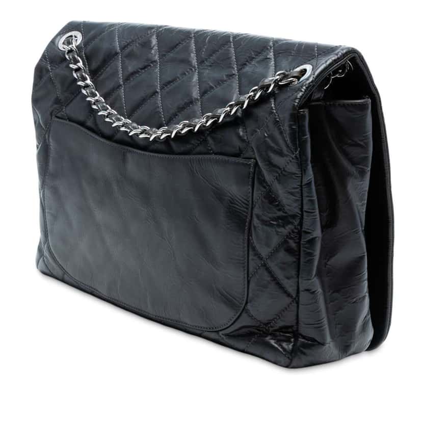 Chanel XL CC Glazed Quilted Calfskin Single Flap Black Leather Good condition - Back View