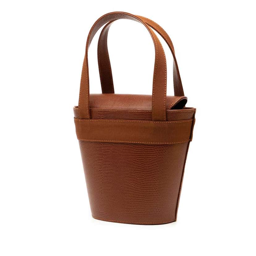 Salvatore Ferragamo Lizard Embossed Leather Vara Bow Top Handle Bucket Bag Brown Leather Good condition - Back View