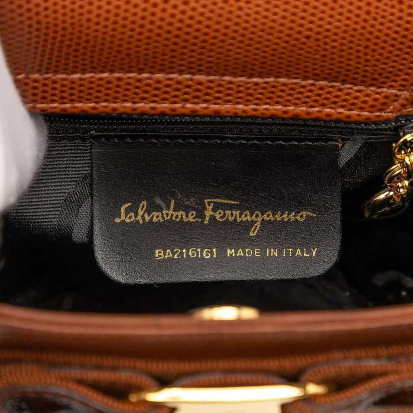 Salvatore Ferragamo Lizard Embossed Leather Vara Bow Top Handle Bucket Bag Brown Leather Good condition - Box View
