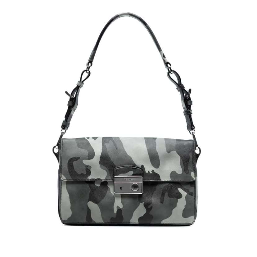 Prada Saffiano Camouflage Sound Lock Shoulder Bag Grey Leather Good condition - Front View