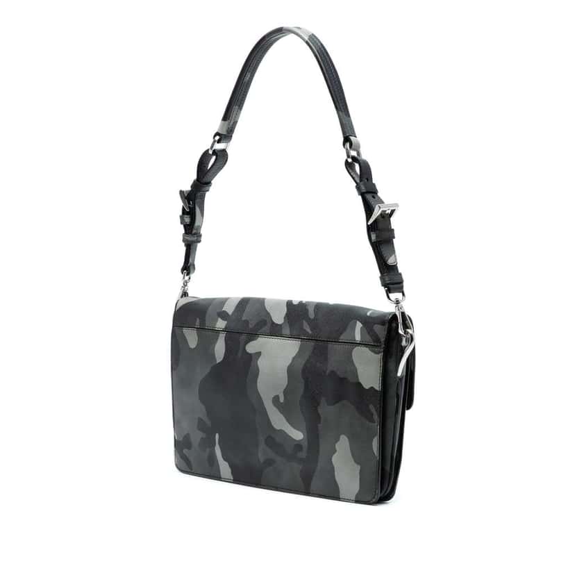 Prada Saffiano Camouflage Sound Lock Shoulder Bag Grey Leather Good condition - Back View