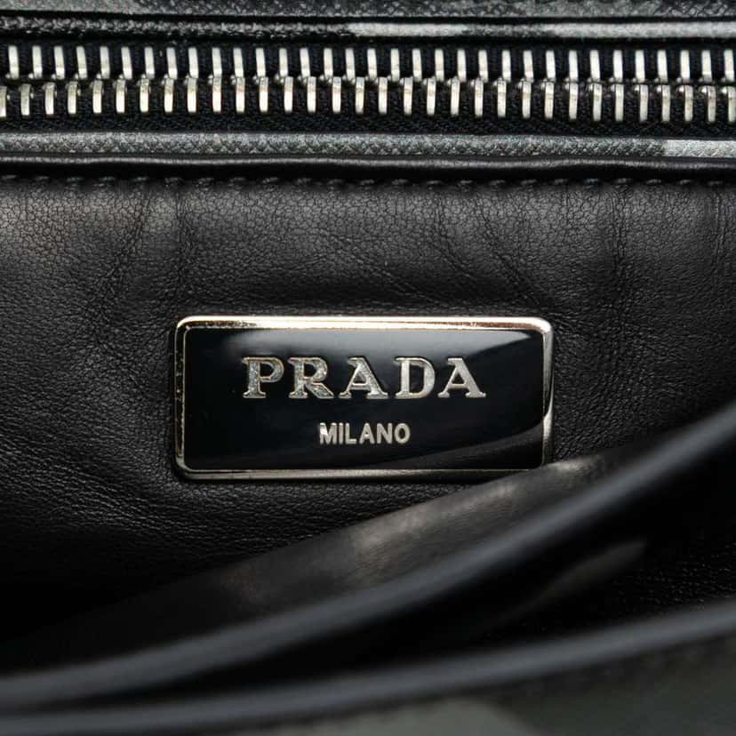 Prada Saffiano Camouflage Sound Lock Shoulder Bag Grey Leather Good condition - Box View