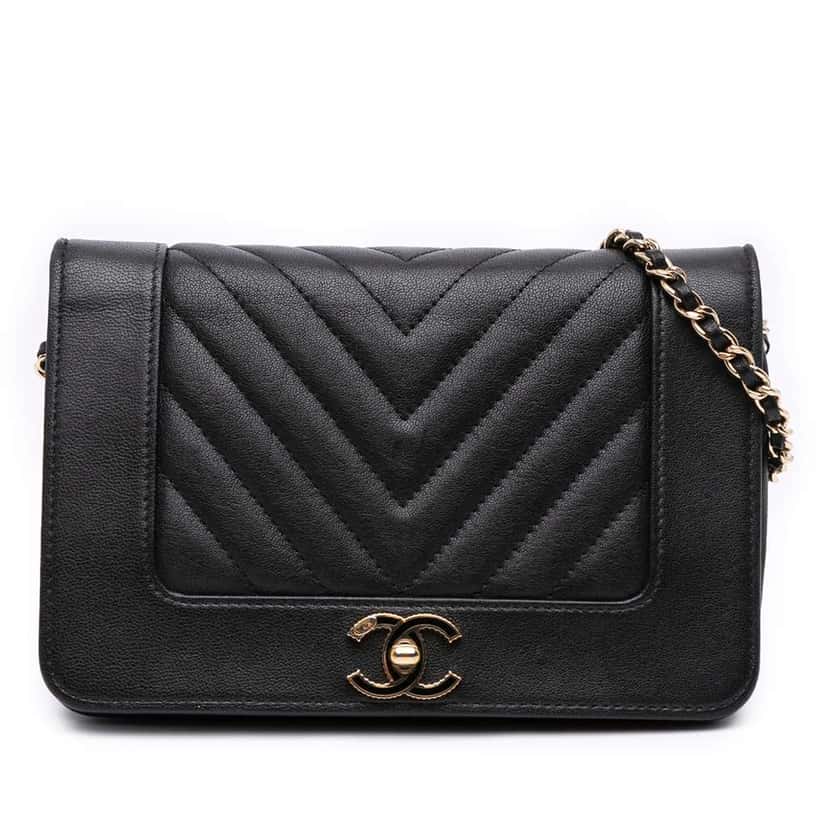 Chanel Chevron Sheepskin Mademoiselle Vintage Wallet on Chain Black Leather Good condition - Front View