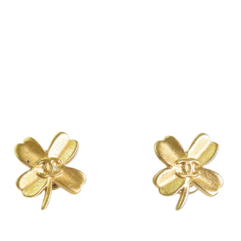 Chanel Gold Plated CC Clover Push Back Earrings Gold Metal Good condition - Front View