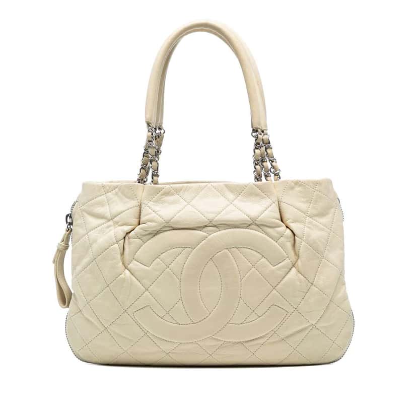 Chanel CC Quilted Caviar Expandable Tote White Leather Very good condition - Front View