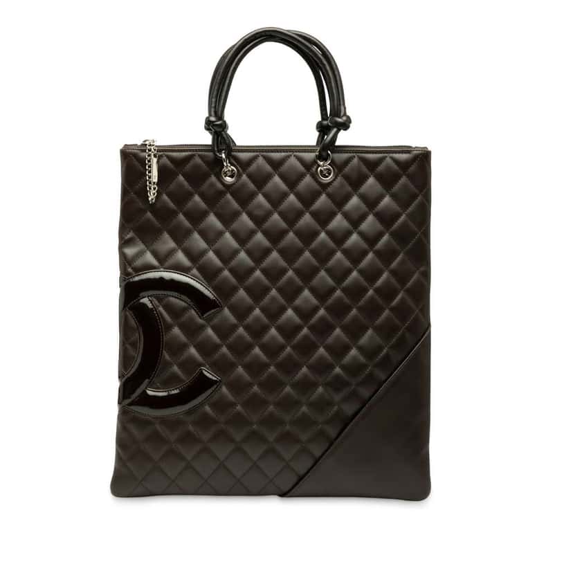 Chanel Quilted Lambskin Cambon Ligne Flat Tote Brown Leather Good condition - Front View