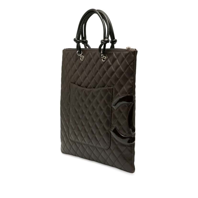 Chanel Quilted Lambskin Cambon Ligne Flat Tote Brown Leather Good condition - Back View