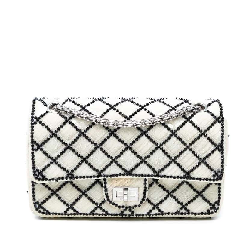 Chanel Reissue 2.55 Quilted Sequined Mesh Double Flap 225 White Polyester Good condition - Front View