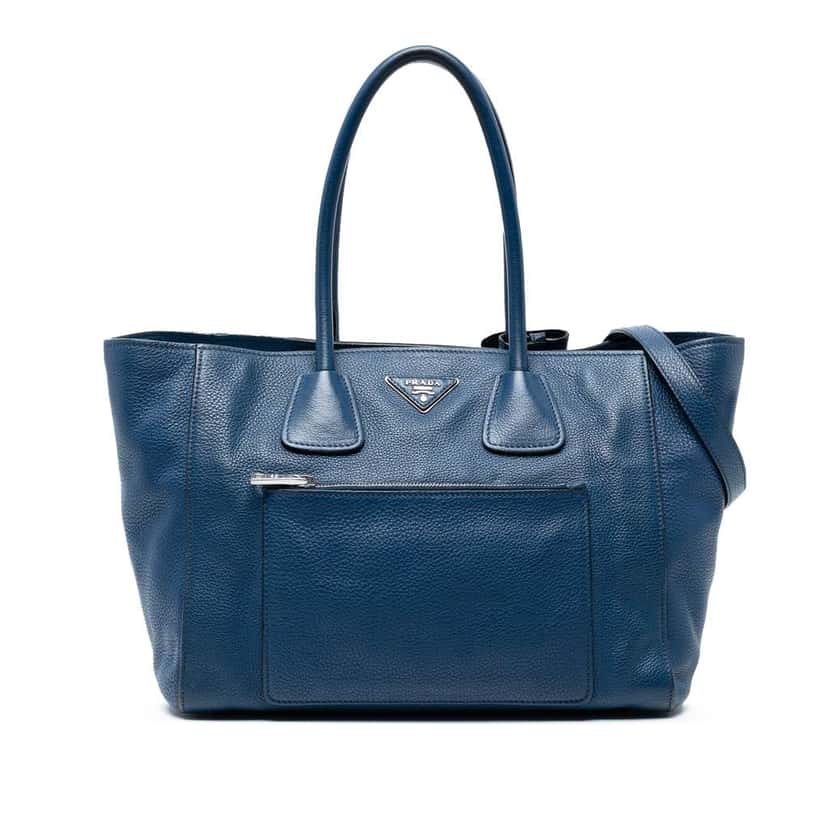 Prada Vitello Daino Front Pocket Open Convertible Tote Blue Leather Good condition - Front View