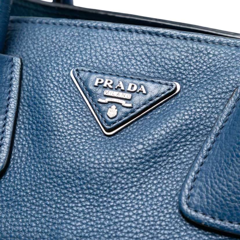 Prada Vitello Daino Front Pocket Open Convertible Tote Blue Leather Good condition - Box View