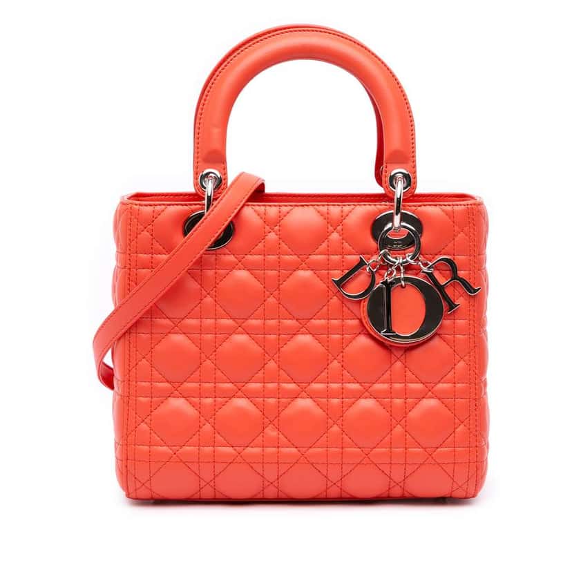 Dior Medium Lambskin Cannage Lady Dior Orange Leather Good condition - Front View