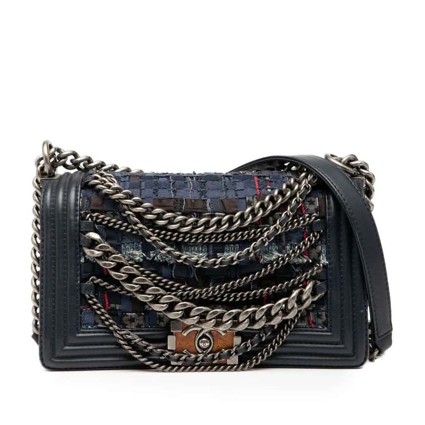 Chanel Old Medium Tweed Enchained Boy Flap Blue Tweed Good condition - Front View