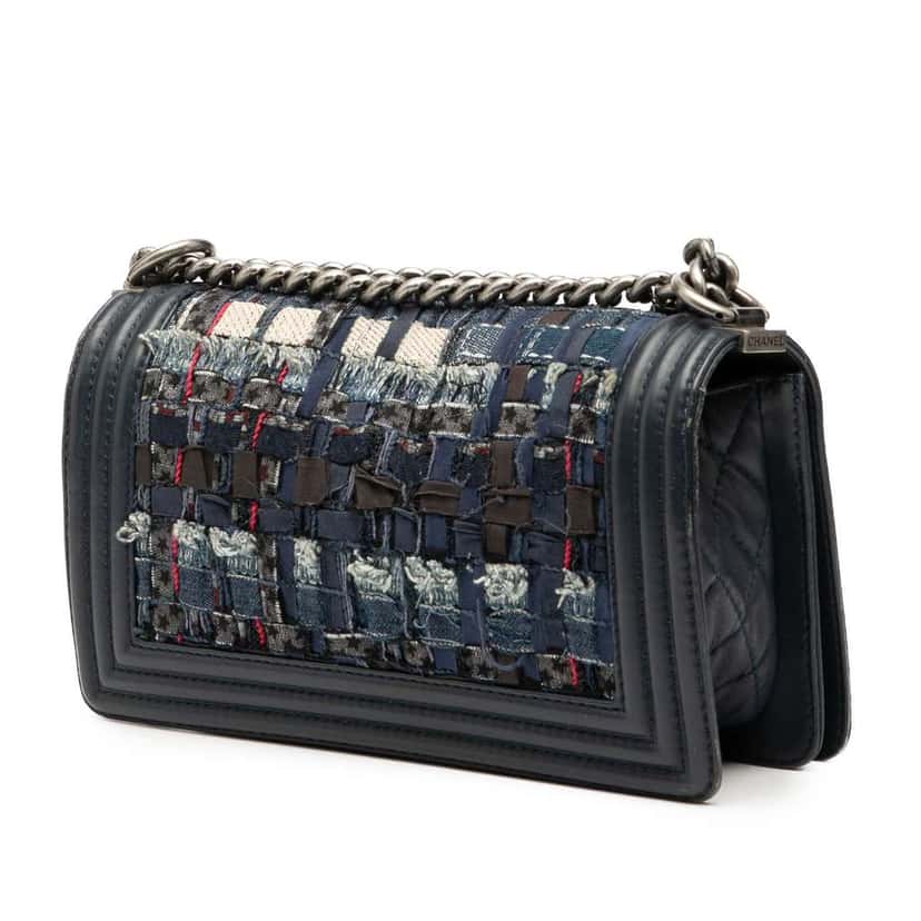 Chanel Old Medium Tweed Enchained Boy Flap Blue Tweed Good condition - Back View