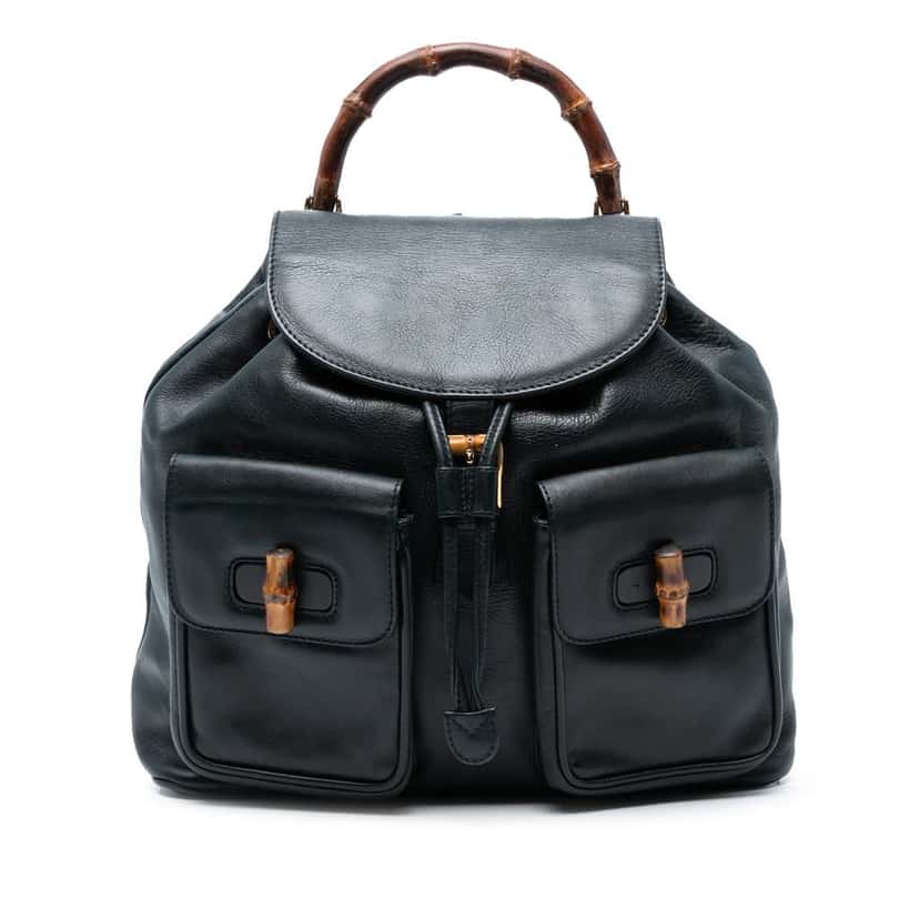 Gucci Calfskin Bamboo Drawstring Backpack Black Leather Good condition - Front View