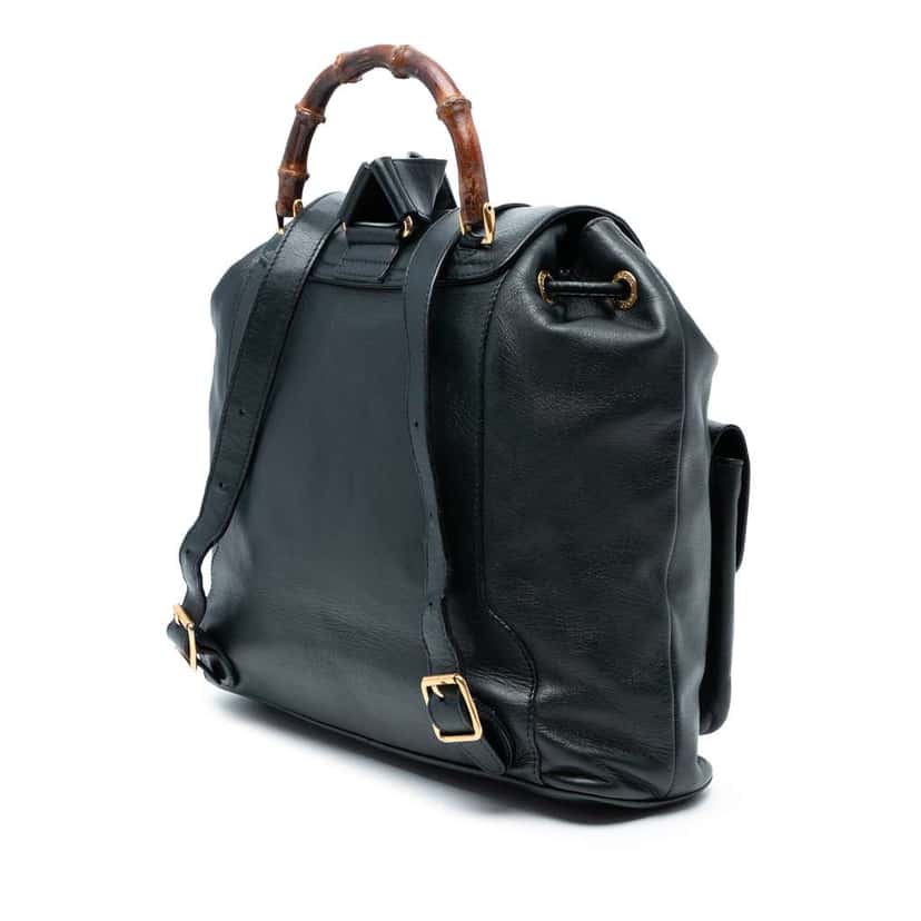 Gucci Calfskin Bamboo Drawstring Backpack Black Leather Good condition - Back View