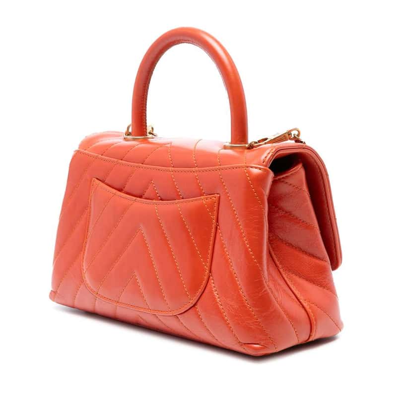 Chanel Mini Chevron Lambskin Coco Top Handle Bag Orange Leather Good condition - Back View