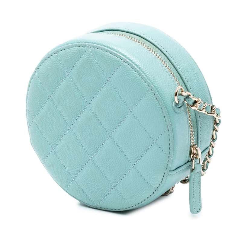 Chanel CC Quilted Caviar Round Clutch With Chain Blue Leather Good condition - Back View