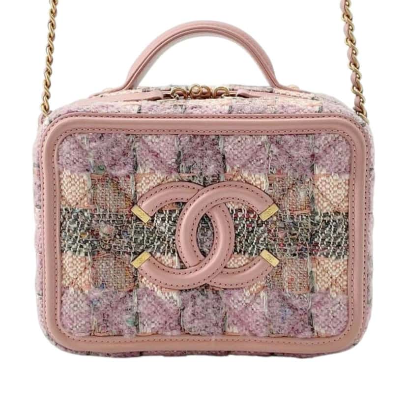 Chanel Small Tweed CC Filigree Vanity Case Pink Tweed Good condition - Front View