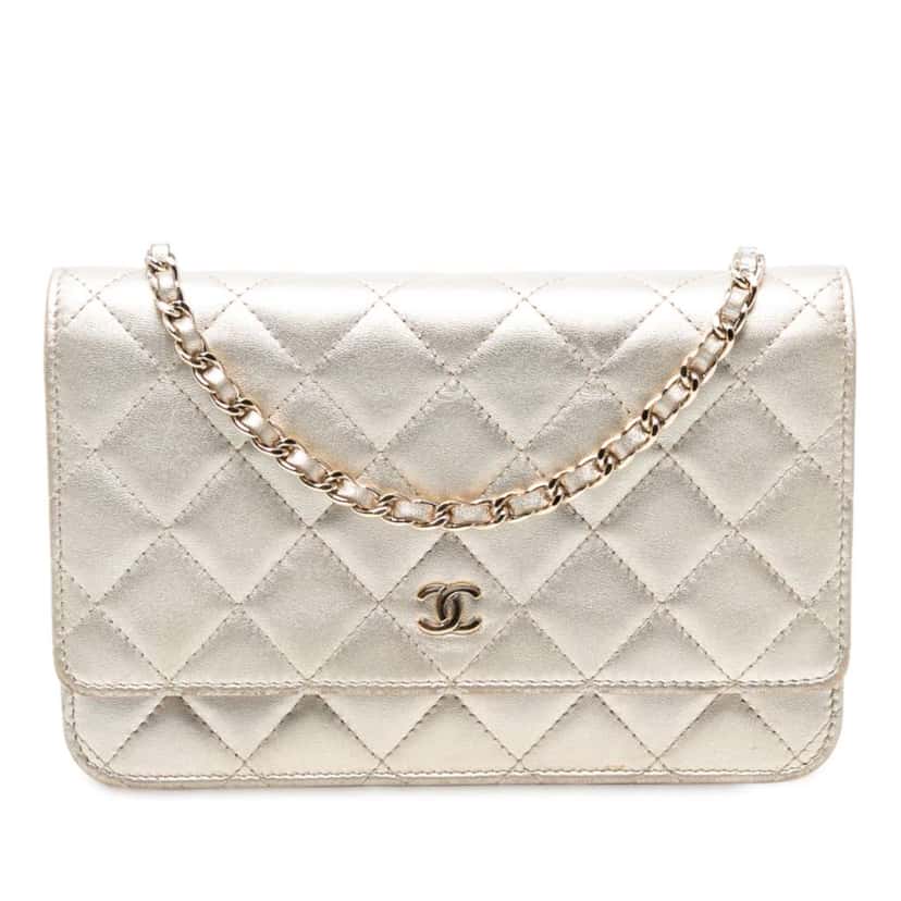 Chanel CC Quilted Metallic Lambskin Wallet on Chain Gold Leather Good condition - Front View