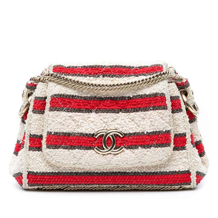 Chanel CC Quilted Tweed Striped Single Flap White Tweed Good condition - Front View