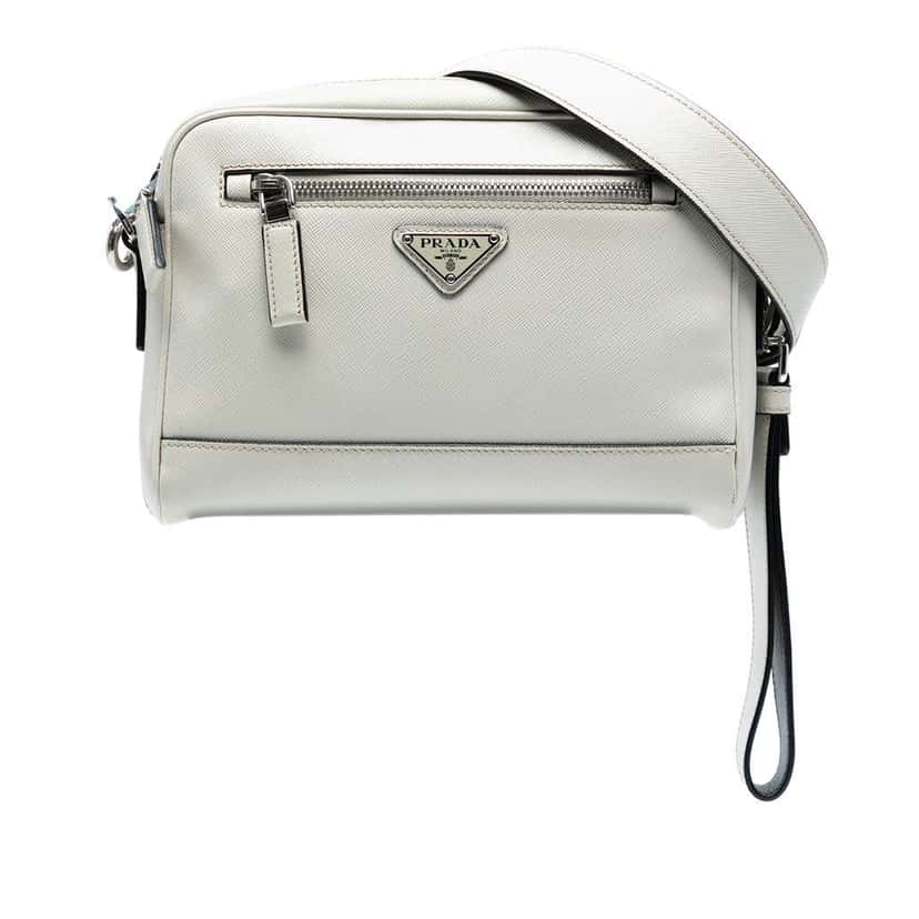 Prada Saffiano Travel Triangle Wristlet Crossbody White Leather Good condition - Front View