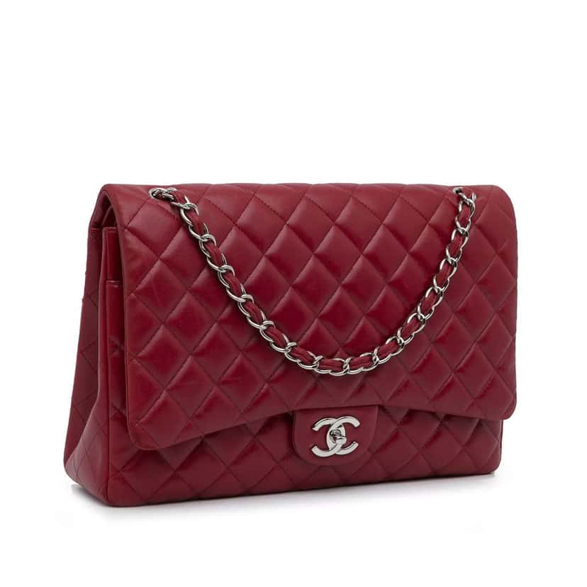 Chanel Maxi Classic Lambskin Double Flap Red Leather Good condition - Back View