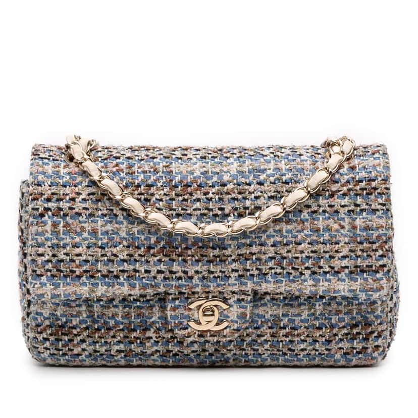 Chanel Medium Classic Tweed Double Flap Blue Tweed Fair condition - Front View