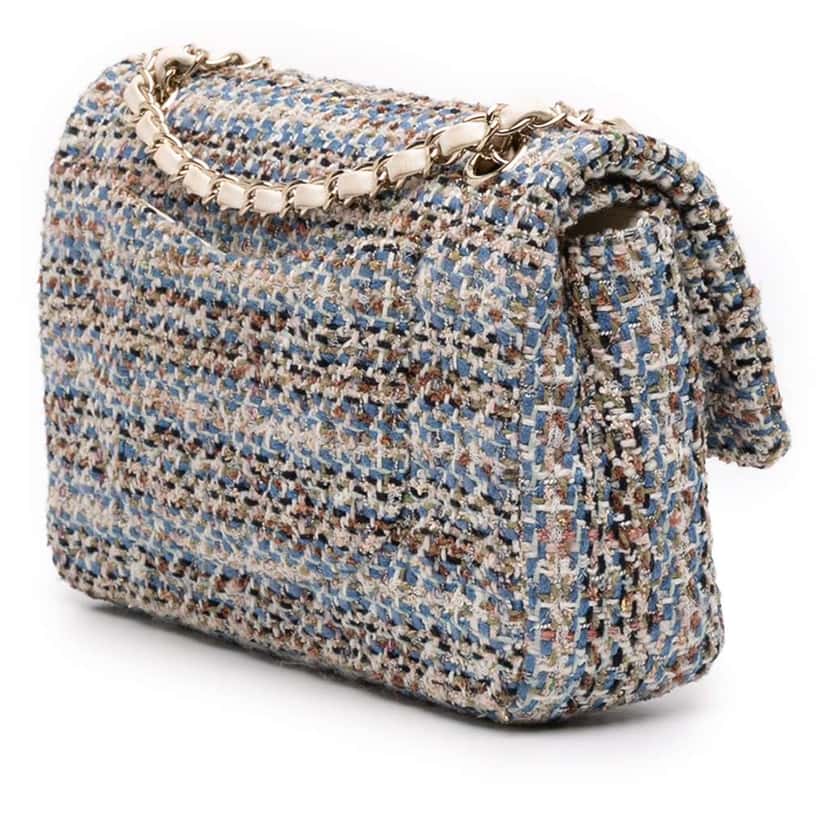 Chanel Medium Classic Tweed Double Flap Blue Tweed Fair condition - Back View