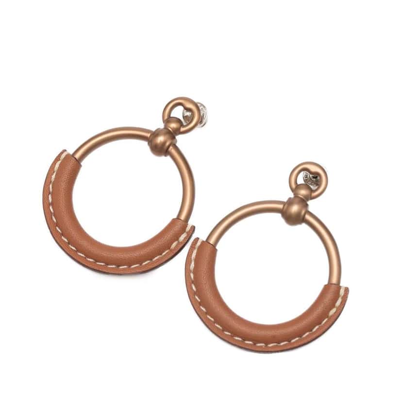 Hermès Gold Plated Barenia Loop Earrings Brown Metal Very good condition - Front View