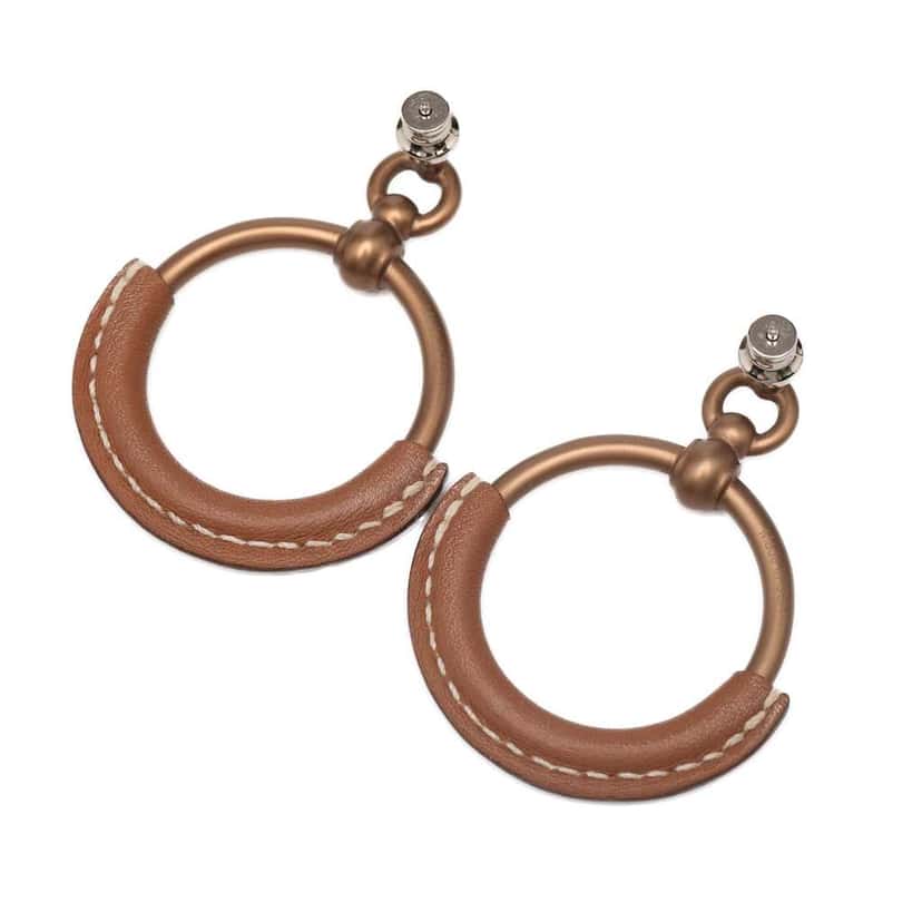 Hermès Gold Plated Barenia Loop Earrings Brown Metal Very good condition - Back View