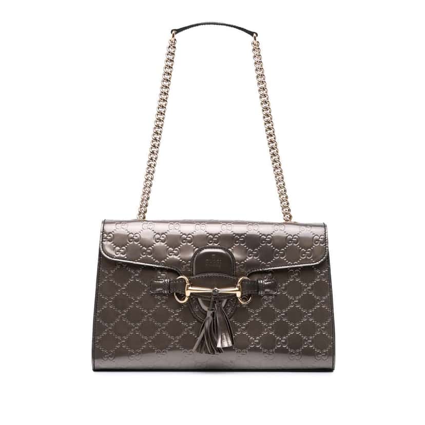 Gucci Medium Patent Guccissima Emily Shoulder Bag Silver Leather Good condition - Front View