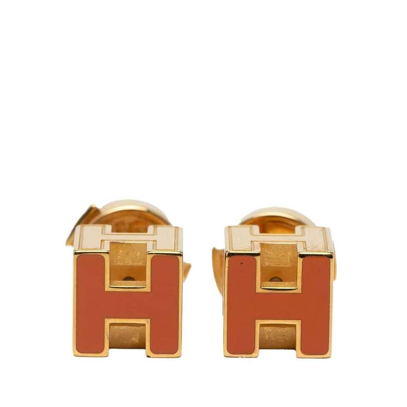 Hermès Gold Plated Enamel Cage dH Push Back Earrings Gold Metal Good condition - Front View
