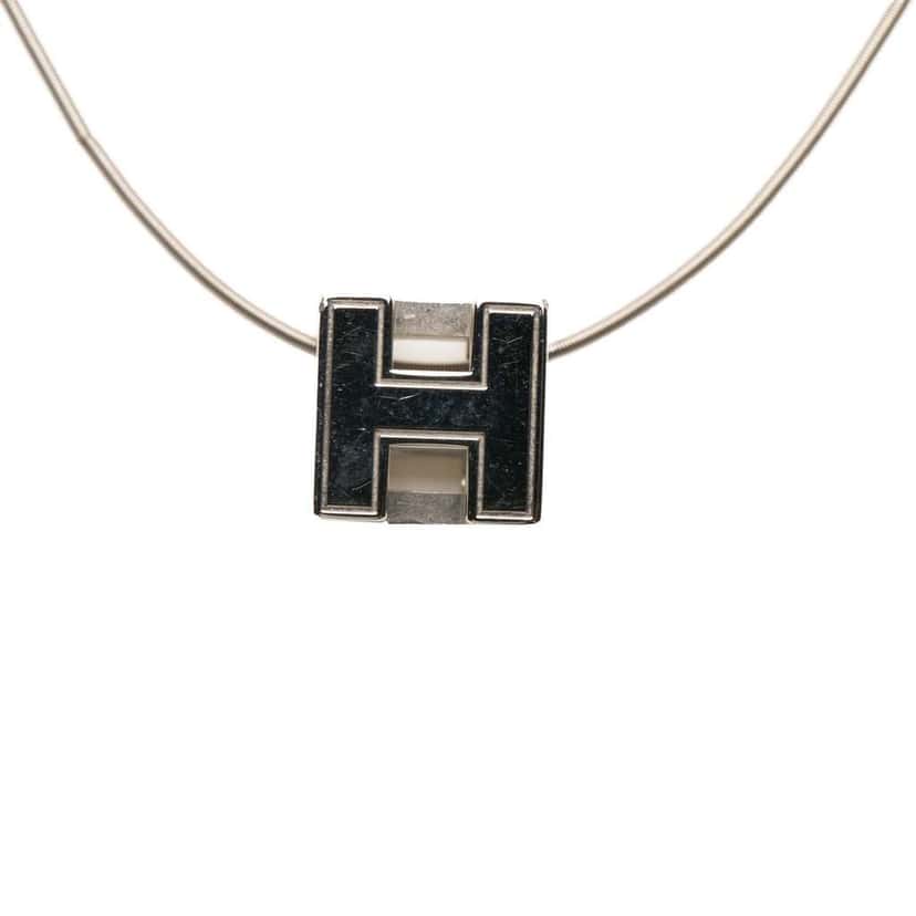 Hermès Palladium Plated Enamel Cage dH Cube Necklace White Good condition - Back View