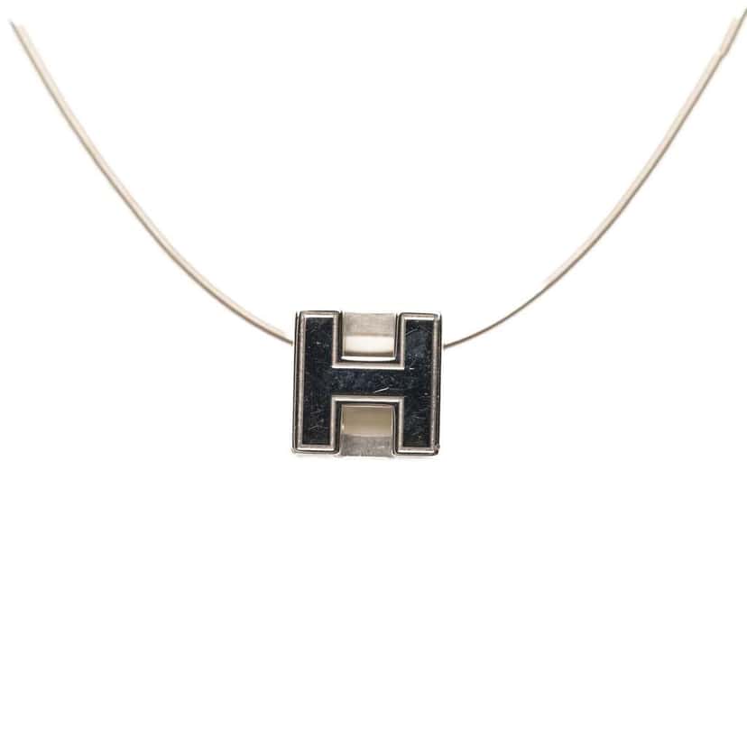 Hermès Palladium Plated Enamel Cage dH Cube Necklace White Good condition - Inside View