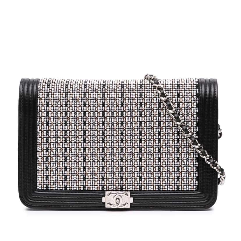Chanel Lambskin Crystal Studded Boy Wallet on Chain Black Leather Good condition - Front View