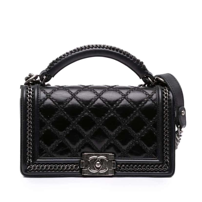 Chanel Medium Quilted Calfskin Whipstitch Chain Around Boy Top Handle Flap Black Leather Good condition - Front View