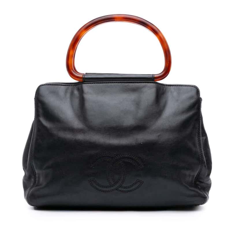 Chanel CC Lambskin Tortoise Top Handle Tote Black Leather Good condition - Front View