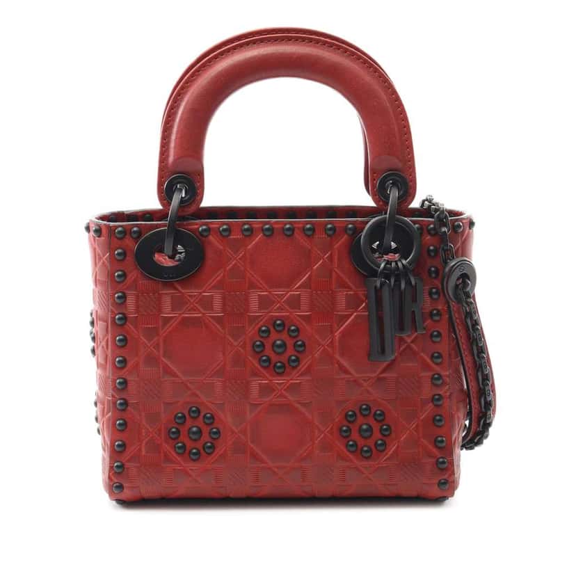 Dior Mini Embossed Calfskin Cannage Studded Flower Lady Dior Red Leather Good condition - Front View