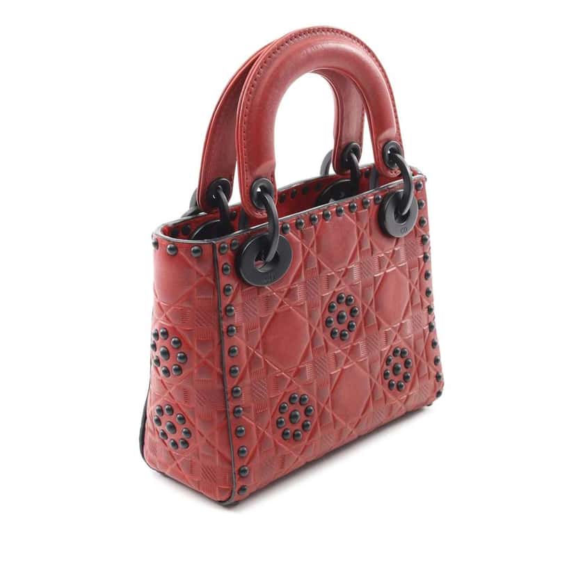 Dior Mini Embossed Calfskin Cannage Studded Flower Lady Dior Red Leather Good condition - Back View