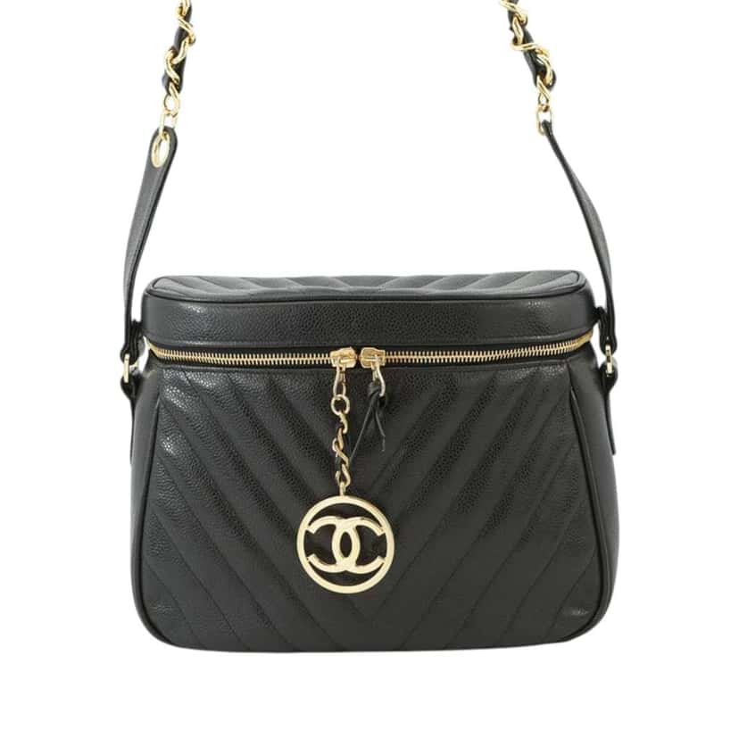 Chanel CC Chevron Caviar Vanity Case with Chain Black Leather Good condition - Front View