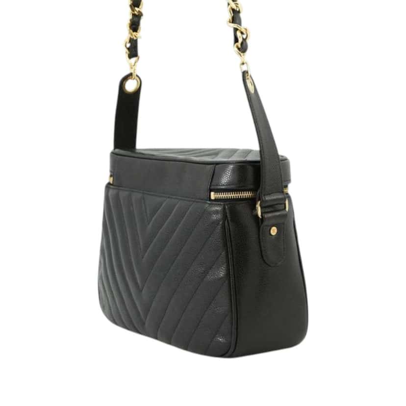 Chanel CC Chevron Caviar Vanity Case with Chain Black Leather Good condition - Back View